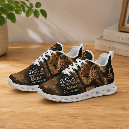 Product video showcase of Custom Name With Jesus Broken Girls Blossom Into Warriors Max Soul Shoes highlighting textures and custom name fields