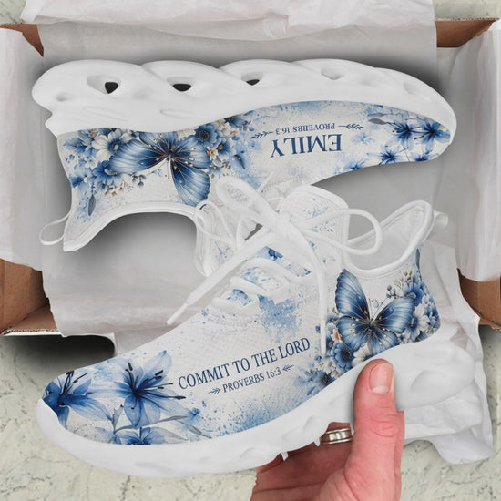 Product showcase video of Custom Name Proverbs 16:3 Max Soul Shoes, demonstrating the vibrant blue watercolor butterfly art, "Commit to the Lord" scripture typography, and the personalizable name text panel