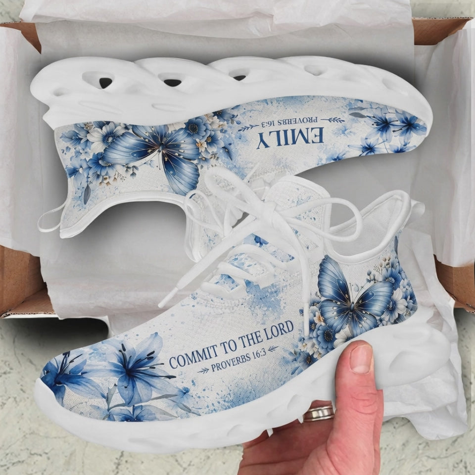 Product showcase video of Custom Name Proverbs 16:3 Max Soul Shoes, demonstrating the vibrant blue watercolor butterfly art, "Commit to the Lord" scripture typography, and the personalizable name text panel