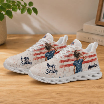 Product video showcase of Custom Name Happy Birthday America Max Soul Shoes highlighting fabric texture and custom name text