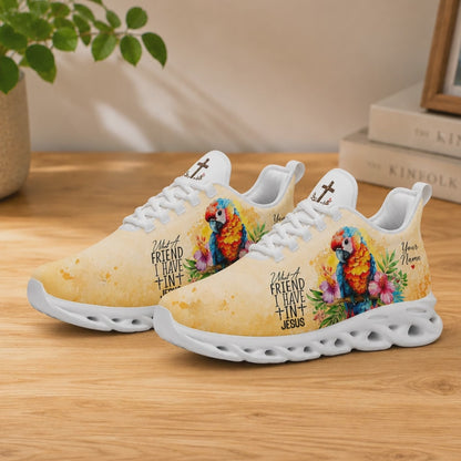 Product video showcase of Custom Name What A Friend I Have In Jesus Max Soul Shoes highlighting text customization