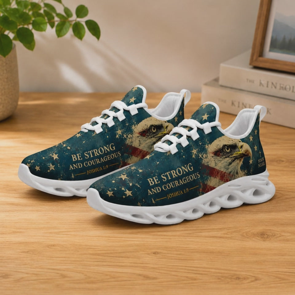 Product video showcase of Custom Name Joshua 1 9 Be Strong And Courageous Max Soul Shoes highlighting text personalization