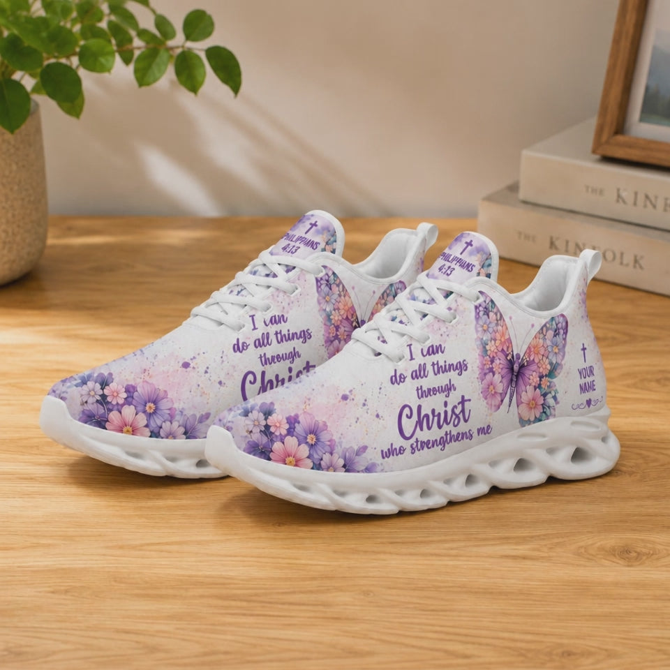 Product video showcase of Custom Name Philippians 4 13 Through Christ Strengthens Me Max Soul Shoes highlighting text customization