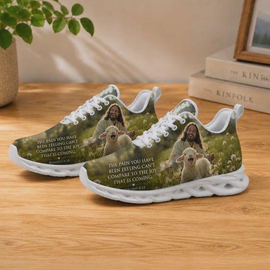 Product video showcase of Custom Name Romans 8 18 Joy Coming Max Soul Shoes highlighting fabric quality and custom name print