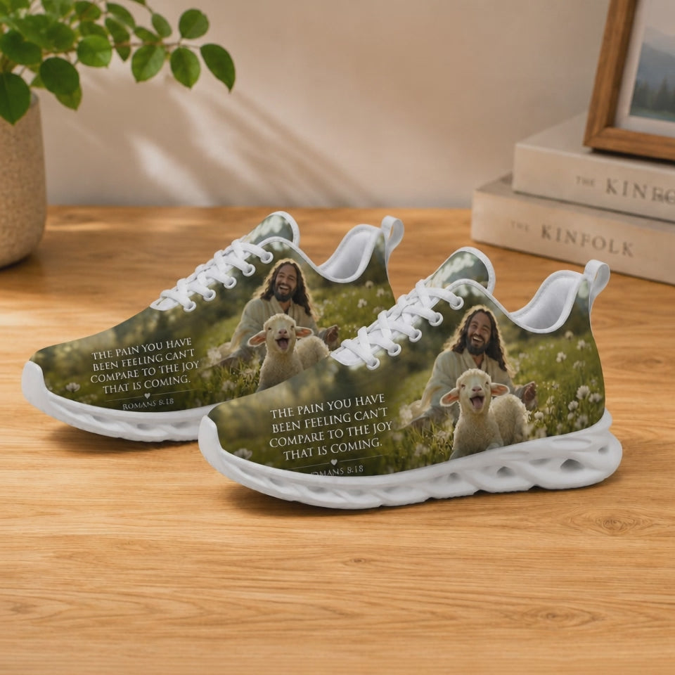 Product video showcase of Custom Name Romans 8 18 Joy Coming Max Soul Shoes highlighting fabric quality and custom name print