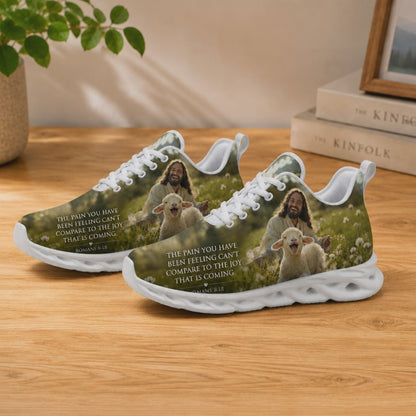 Product video showcase of Custom Name Romans 8 18 Joy Coming Max Soul Shoes highlighting fabric quality and custom name print