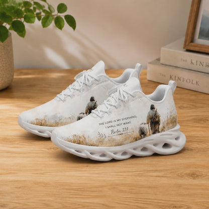 Product video showcase of Custom Name Psalm 23 1 The Lord Is My Shepherd Max Soul Shoes highlighting fabric texture and custom print