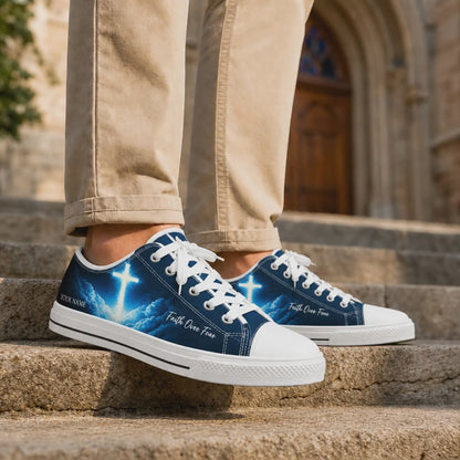 Custom Name Glowing Cross In Clouds Graphic Custom Low Top Shoes