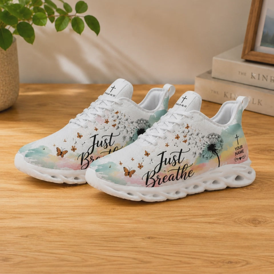 Product video showcase of Custom Name Just Breathe Psalm 46:10 Max Soul Shoes demonstrating the smooth watercolor textures and custom name print zone