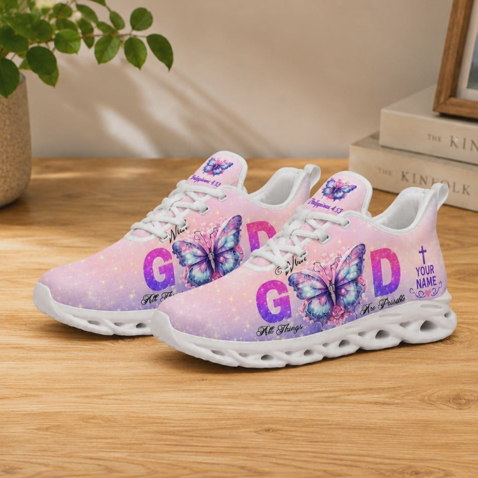 Product video showcase of Custom Name With God All Things Are Possible Max Soul Shoes highlighting the vivid glitter gradient design and custom text features