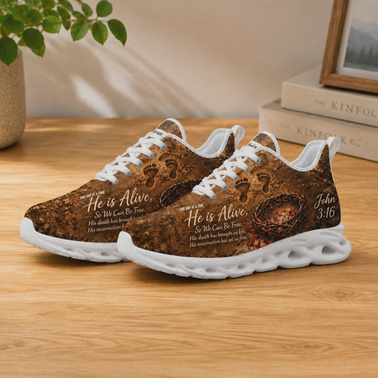 Product video showcase of Custom Name John 3 16 He Is Alive Max Soul Shoes highlighting fabric details and custom name text