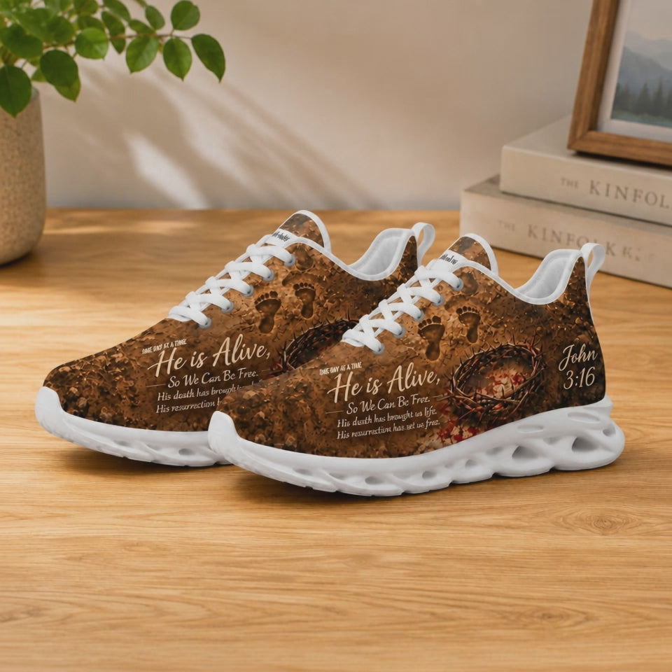 Product video showcase of Custom Name John 3 16 He Is Alive Max Soul Shoes highlighting fabric details and custom name text