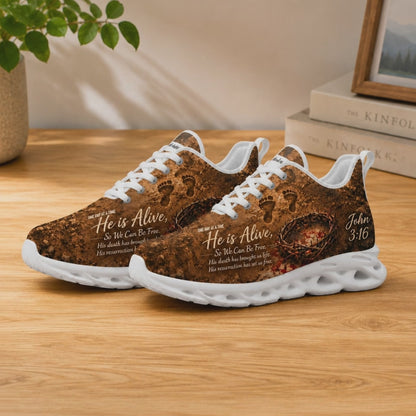 Product video showcase of Custom Name John 3 16 He Is Alive Max Soul Shoes highlighting fabric details and custom name text