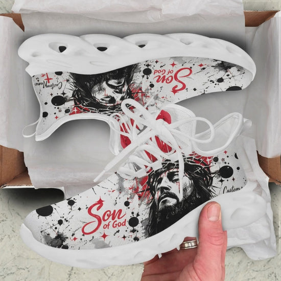 Product video showcase of Custom Name Son of God Max Soul Shoes highlighting the detailed Trash Polka style artwork of Jesus Christ, textured mesh fabric, and the customizable text fields