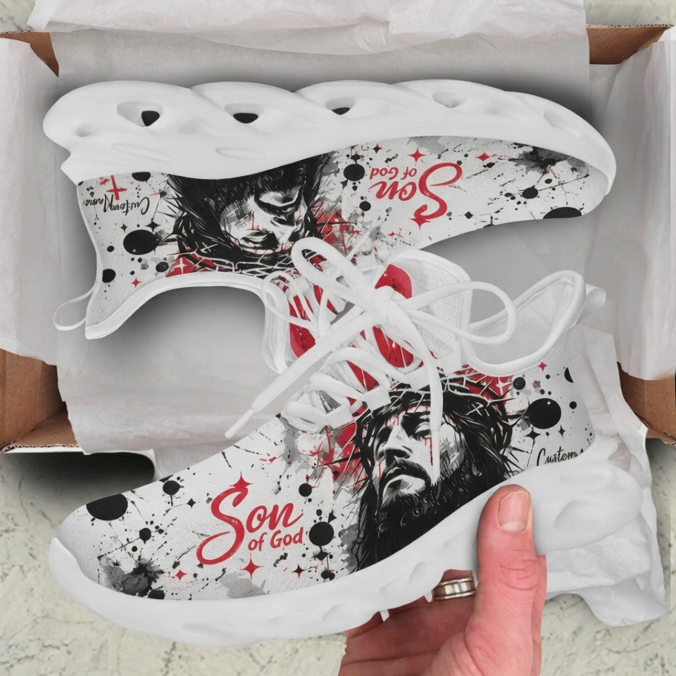 Product video showcase of Custom Name Son of God Max Soul Shoes highlighting the detailed Trash Polka style artwork of Jesus Christ, textured mesh fabric, and the customizable text fields