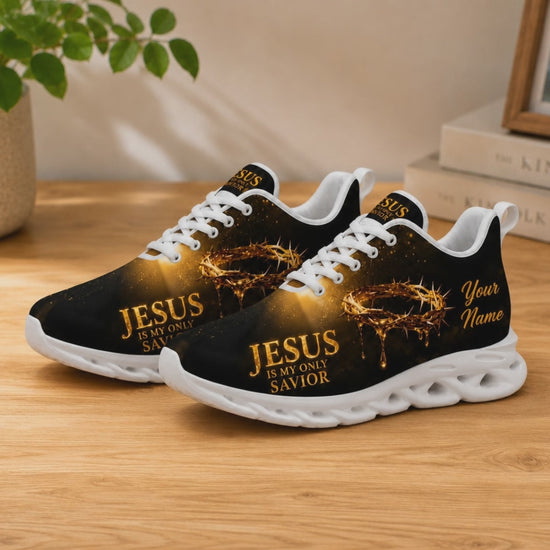 Product video showcase of Custom Name Jesus Is My Only Savior Max Soul Shoes highlighting fabric texture and custom name text