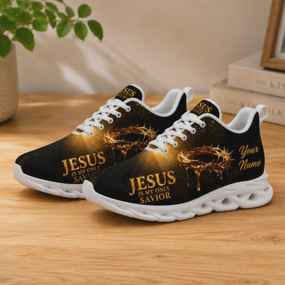 Product video showcase of Custom Name Jesus Is My Only Savior Max Soul Shoes highlighting fabric texture and custom name text