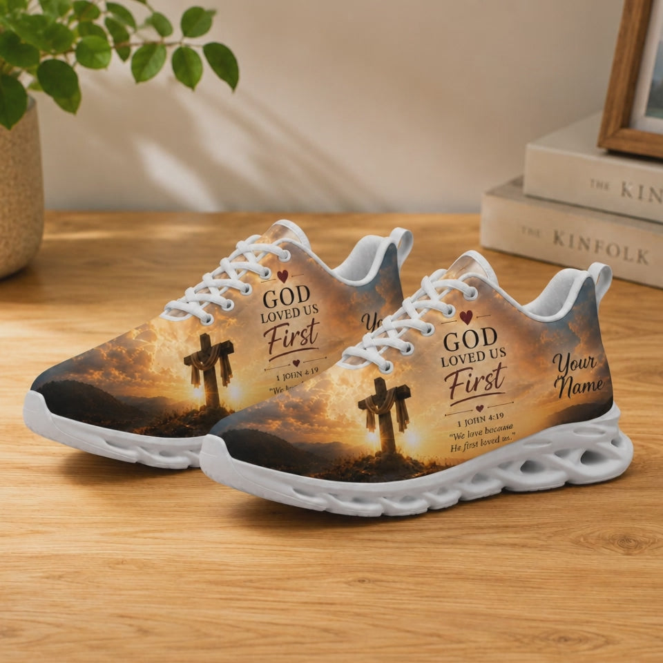 Product video showcase of Custom Name God Loved Us First 1 John 4 19 Max Soul Shoes highlighting fabric textures and custom name text