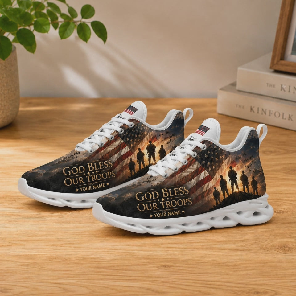 Product video showcase of Custom Name God Bless Our Troops Max Soul Shoes highlighting text personalization fields