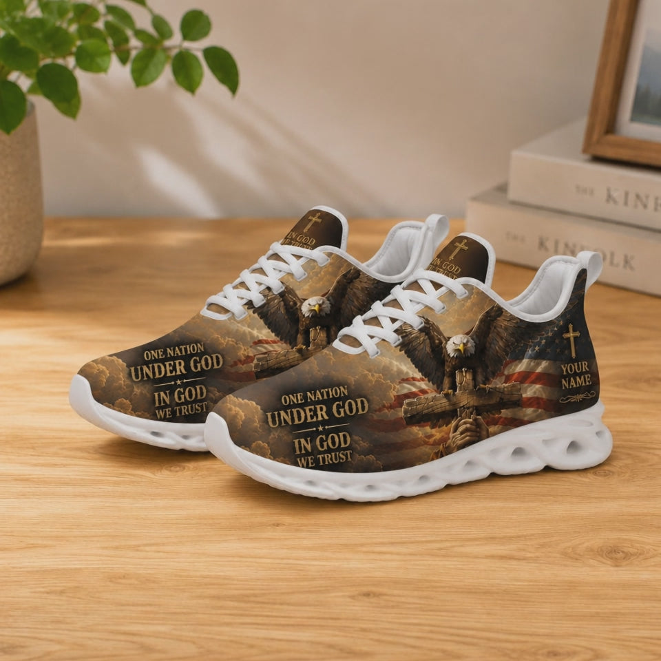 Product video showcase of Custom Name One Nation Under God Max Soul Shoes highlighting fabric textures and custom name options