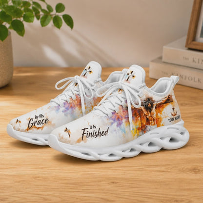 Product video showcase of Custom Name It Is Finished Jesus Max Soul Shoes highlighting personalizable text and artistic print