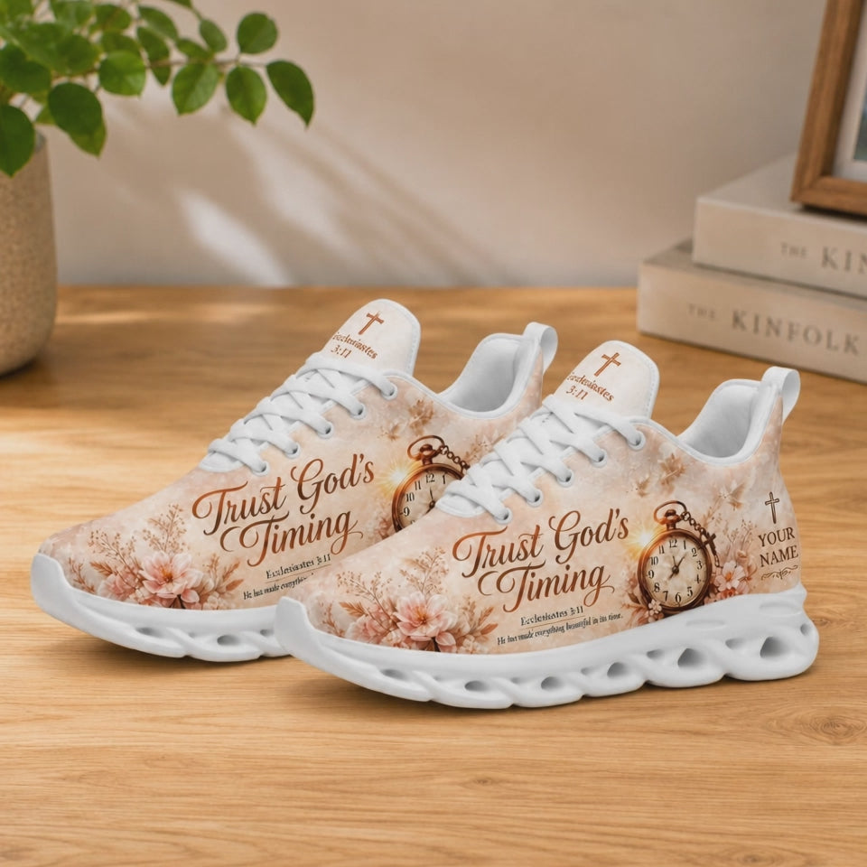 Product video showcase of Custom Name Trust Gods Timing Max Soul Shoes highlighting fabric texture and custom text