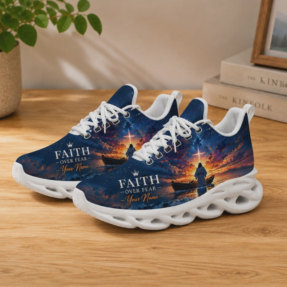 Product video showcase of Custom Name Faith Over Fear Jesus Max Soul Shoes highlighting text customization