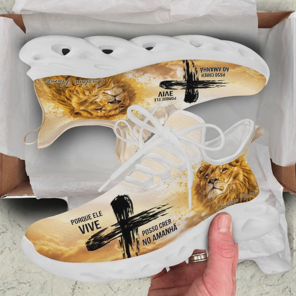 Product video showcase of Custom Name Porque Ele Vive Posso Crer No Amanhã Max Soul Shoes highlighting the golden sky gradient, brushstroke cross detail, Portuguese text typography, and personalizable name field