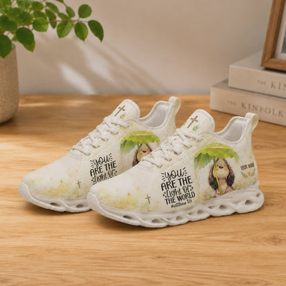 Product video showcase of Custom Name Matthew 5:14 Max Soul Shoes demonstrating the cream watercolor textures, illustrated dog design, and personalized name text area