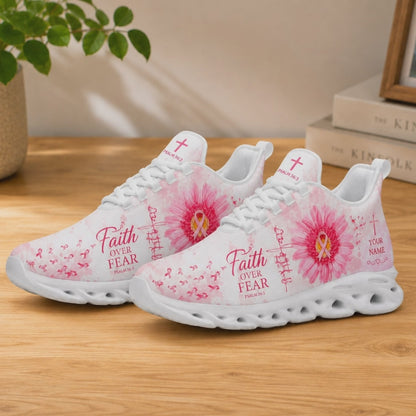 Product video showcase of Custom Name Breast Cancer Faith Over Fear Psalm 56:3 Max Soul Shoes highlighting text customization fields