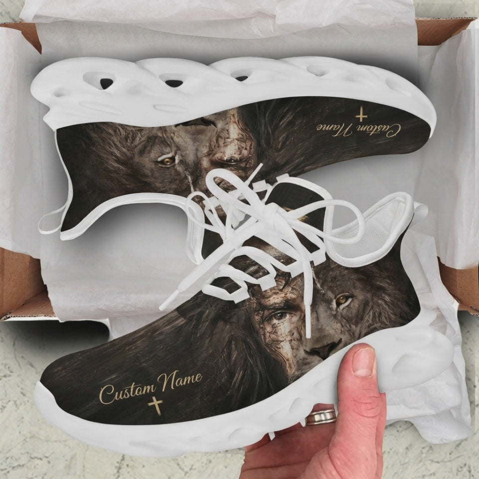 Product presentation video of Custom Name Jesus Lion Double Exposure Max Soul Shoes, demonstrating the rustic dark wood textures, high-contrast double exposure art of Christ and the Lion of Judah, and personalizable gold script name zone