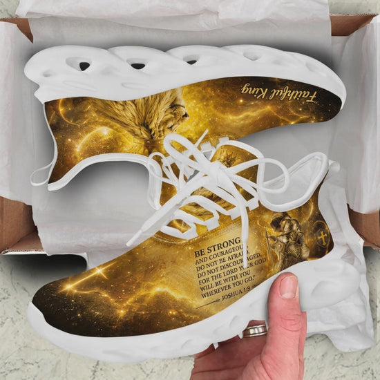 Product video showcase of Custom Name Joshua 1:9 Golden Knight Lion Max Soul Shoes, demonstrating the deep cosmic gold galaxy graphics, the kneeling warrior shield art, and the custom name print placement