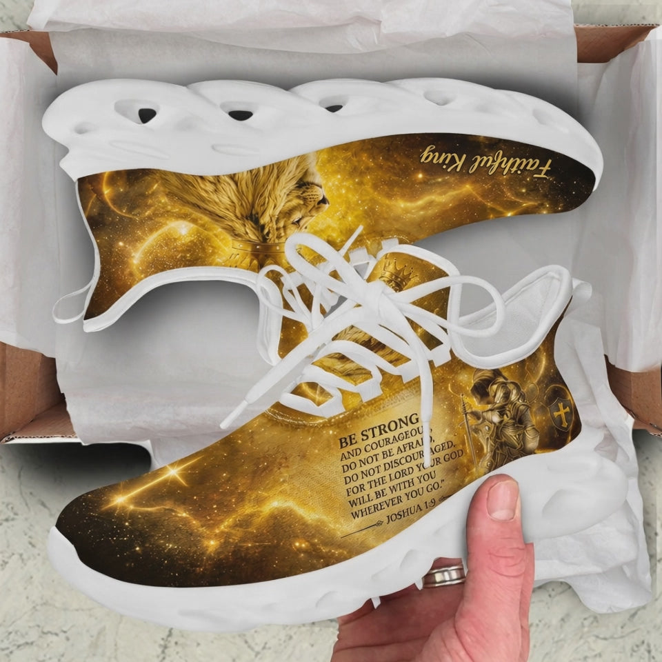 Product video showcase of Custom Name Joshua 1:9 Golden Knight Lion Max Soul Shoes, demonstrating the deep cosmic gold galaxy graphics, the kneeling warrior shield art, and the custom name print placement