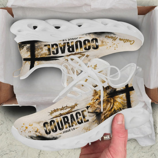 Product showcase video of Custom Name Josué 1:9 Courage Lion Cross Max Soul Shoes, demonstrating the gold distress paint splatters, bold block typography, crowned lion art, and the custom name print placement