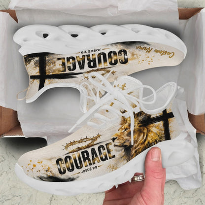 Product showcase video of Custom Name Josué 1:9 Courage Lion Cross Max Soul Shoes, demonstrating the gold distress paint splatters, bold block typography, crowned lion art, and the custom name print placement
