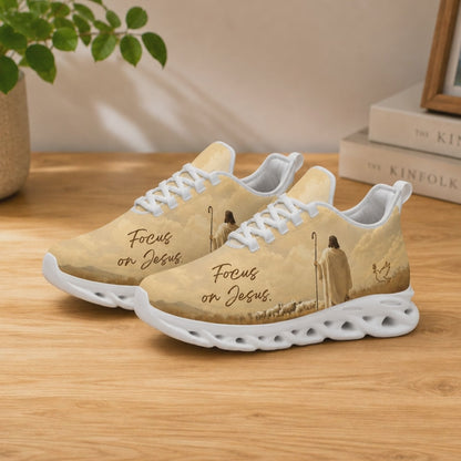 Product video showcase of Custom Name Focus On Jesus Good Shepherd Max Soul Shoes highlighting text personalization