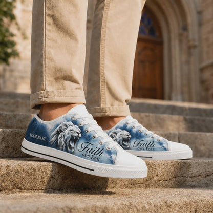 Custom Name Faith Over Fear Lion Canvas Blue Low Top Shoes