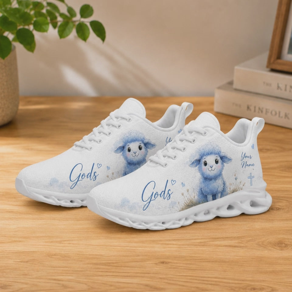 Product video showcase of Custom Name Gods Little Lamb Max Soul Shoes highlighting fabric texture and close-up text custom fields