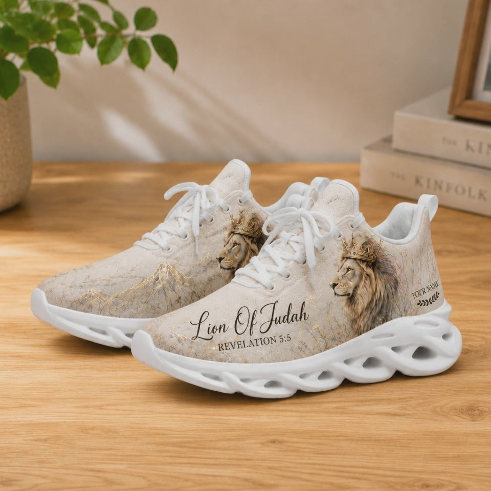 Product video showcase of Custom Name Lion of Judah Revelation 5:5 Max Soul Shoes highlighting fabric texture and custom name text