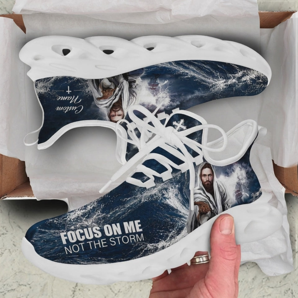 Product showcase video of Custom Name Focus On Me Not The Storm Max Soul Shoes, demonstrating the high-contrast ocean wave art, the double-exposure portrait of Christ reaching out, and the personalizable name text zone