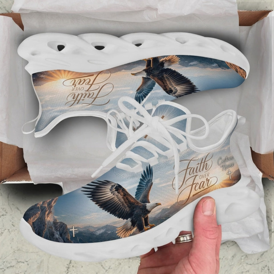 Product highlight video of Custom Name Faith Over Fear Max Soul Shoes, demonstrating the detailed majestic eagle graphics, calligraphic "Faith Over Fear" typography, and customizable name printing options