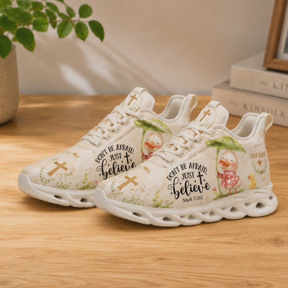 Product video showcase of Custom Name Mark 5 36 Just Believe Max Soul Shoes highlighting fabric texture and custom text