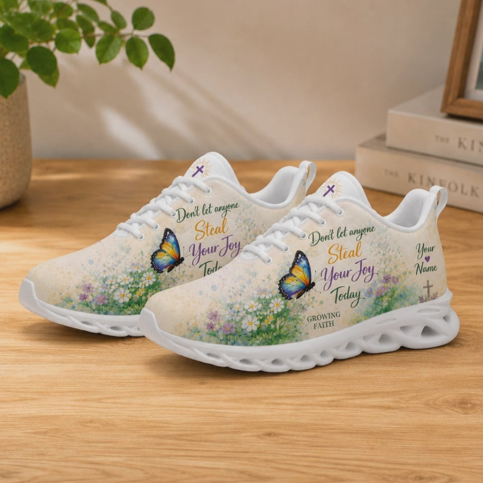 Product video showcase of Custom Name Dont Let Anyone Steal Your Joy Today Max Soul Shoes highlighting text customization