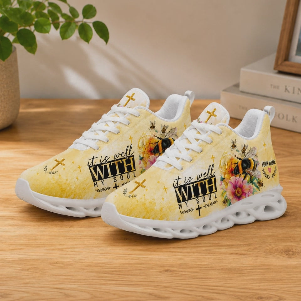 Product video showcase of It Is Well With My Soul Max Soul Shoes highlighting fabric texture and vibrant bee print