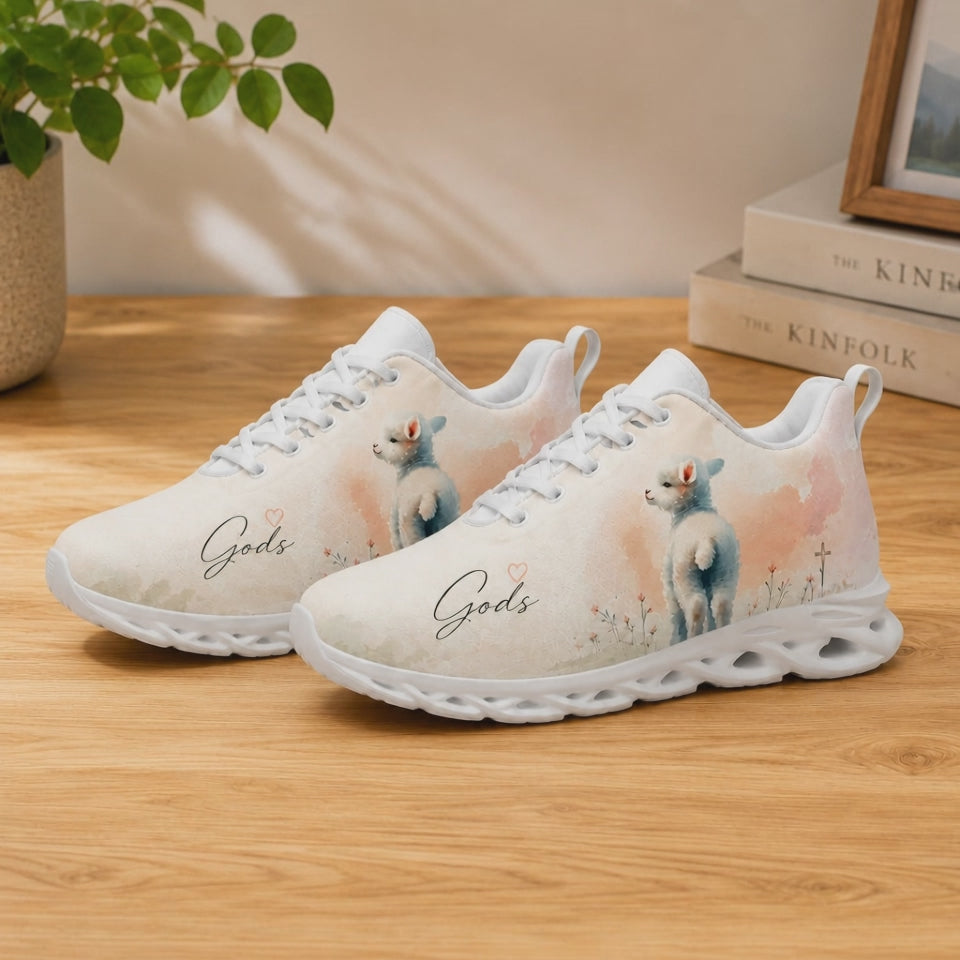 Product video showcase of Custom Name Gods Little Lamb Watercolor Max Soul Shoes highlighting fabric texture and custom name text