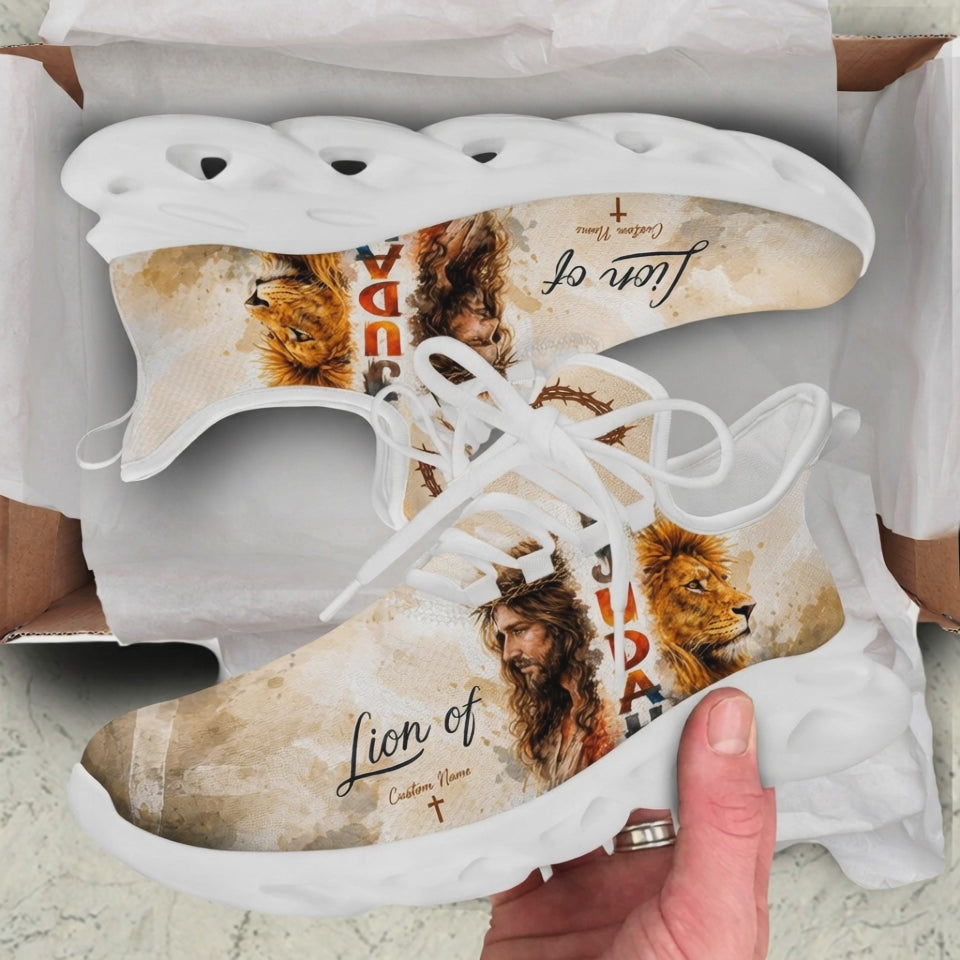 Product showcase video of Custom Name Lion of Judah Jesus Max Soul Shoes, demonstrating the beige watercolor split canvas, the dual portraits of Christ with a crown of thorns and the lion, "JUDAH" typography, and the personalizable name zone