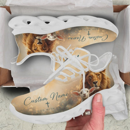 Product presentation video of Custom Name God With Us Max Soul Shoes, demonstrating the soft gold-beige textures, detailed lion and lamb artwork, script typography, and personalizable text field