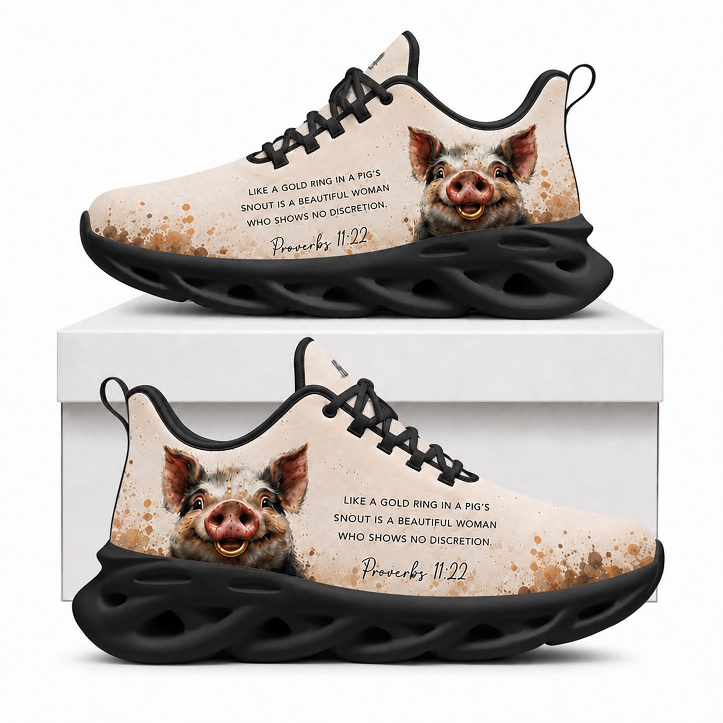 Side view of Proverbs 11 22 Gold Ring In A Pigs Snout Max Soul Shoes in black sole showing the detailed quote text panel