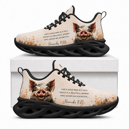 Side view of Proverbs 11 22 Gold Ring In A Pigs Snout Max Soul Shoes in black sole showing the detailed quote text panel