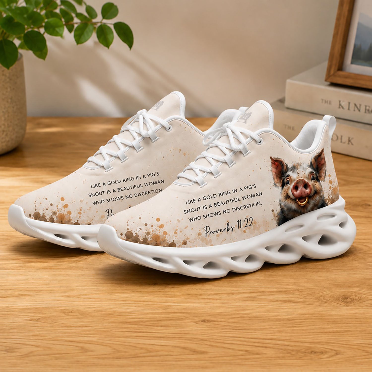 Lifestyle display of Proverbs 11 22 Gold Ring In A Pigs Snout Max Soul shoes with white soles styled on a wooden table